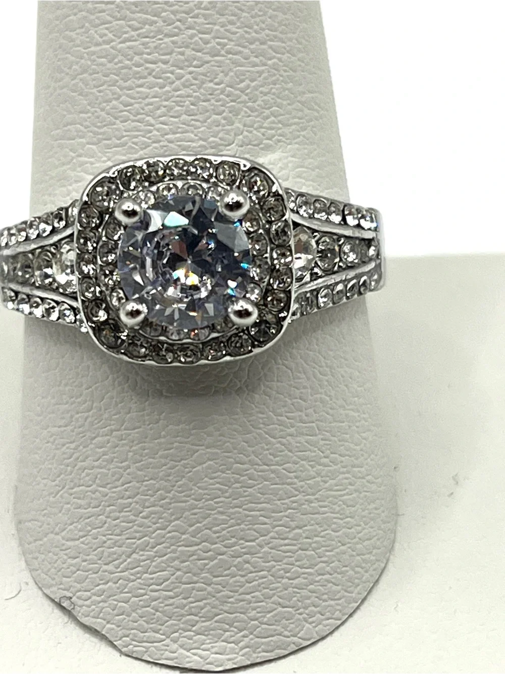 Halo Ring Engagement Ring Silver Rhodium Plated Sparkling Stones Prong Set